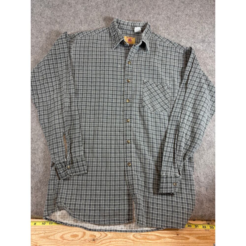 VINTAGE Red Oak Mens Flannel Shirt Gray Button Up Plaid Long Sleeve Medium Tall